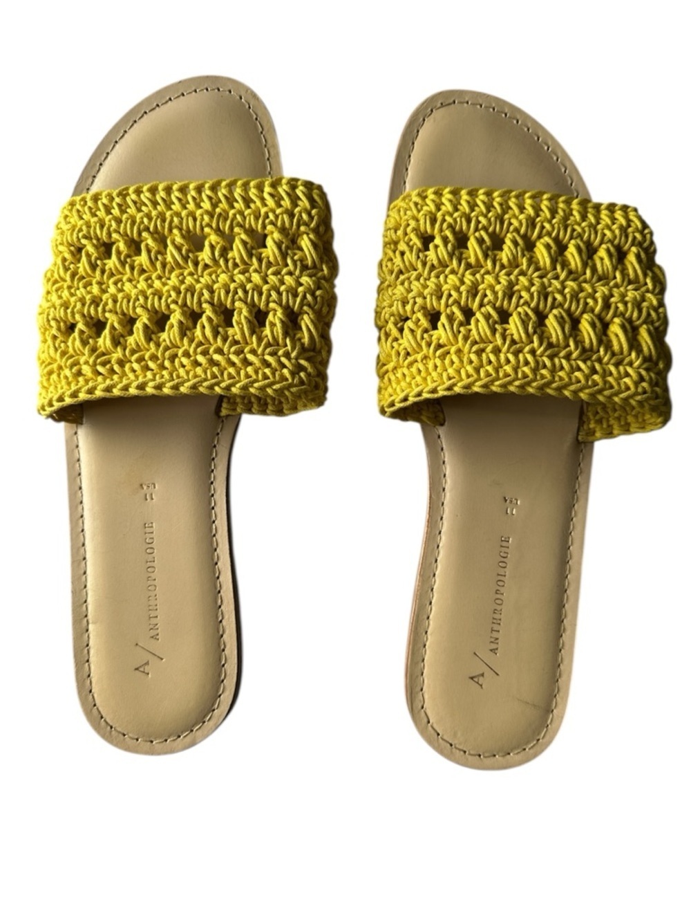 Anthropologie Pia Crocheted Slide Sandals Yellow Boho Woven Slip-On Summer Sz 11